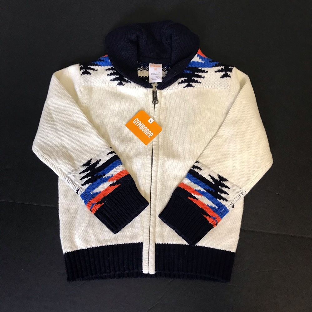 Gymboree Cream Zip Sweater with Navy, Blue & Orange Accents